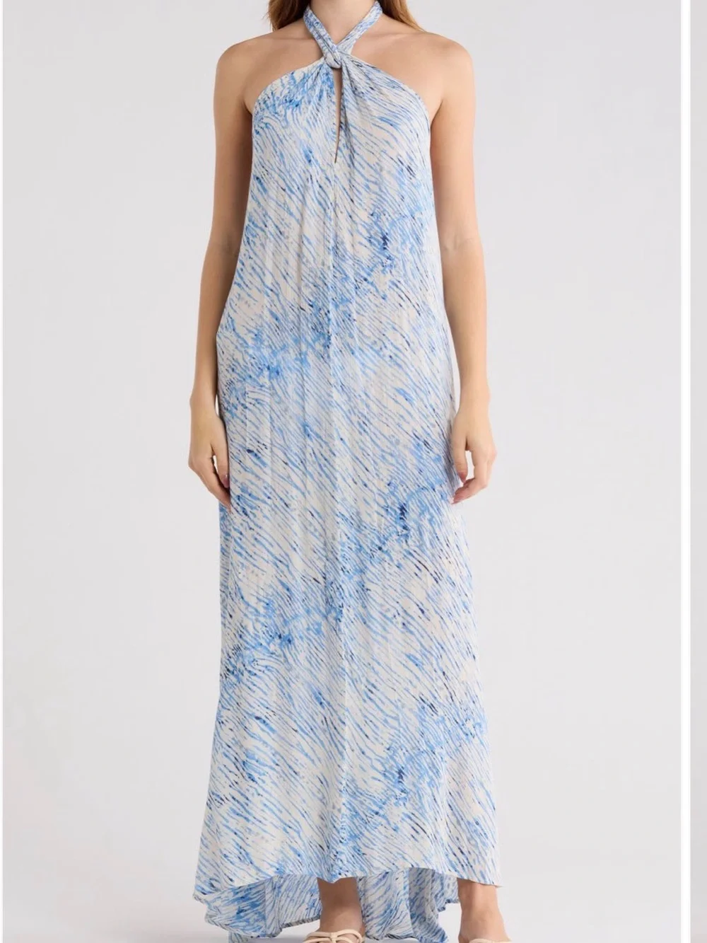 NWT Elan Blue White Abstract Print Halter Maxi Dress Open Back Resort Medium - Picture 1 of 3